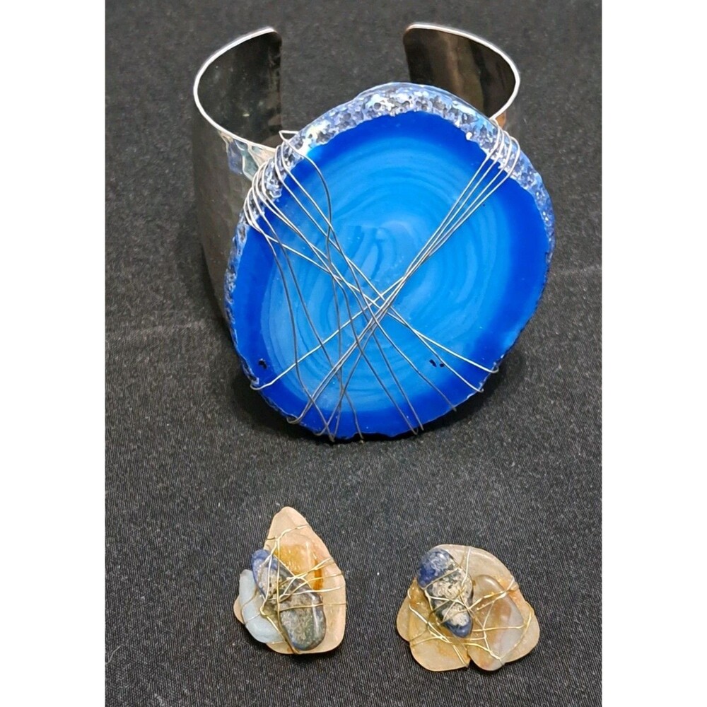 Hammered Metal Cuff Bracelet Large Blue Agate Slice & Stone Earrings Wire Wrap
